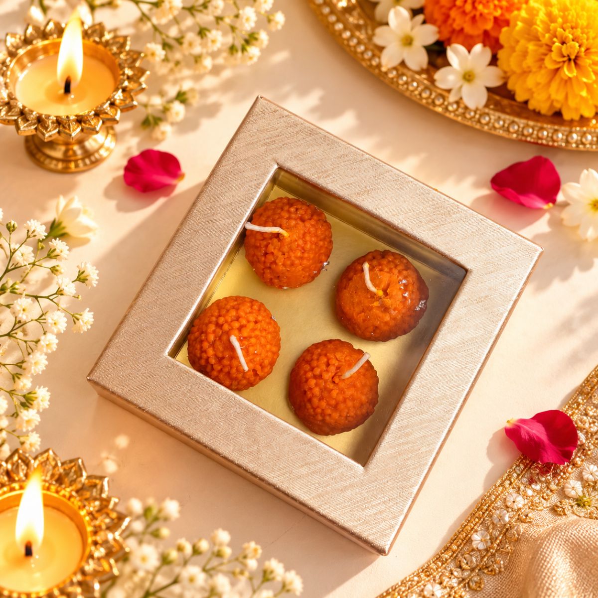 Red Carnelian Motichur Laddu Candle-shubhanjali store (2) red carnelian motichur laddu candle